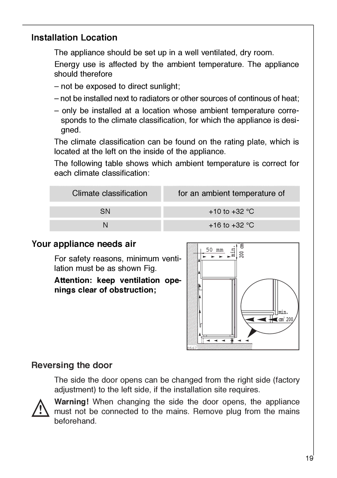 Electrolux SANTO 2733-6 i installation instructions Installation Location, Your appliance needs air, Reversing the door 