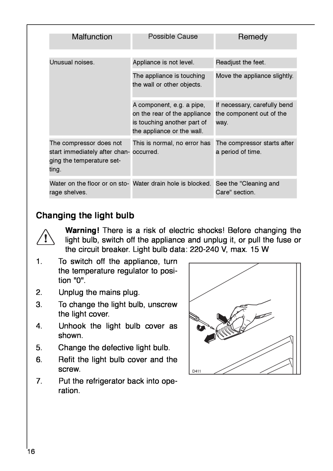 Electrolux SANTO 2842-4 i installation instructions Changing the light bulb 