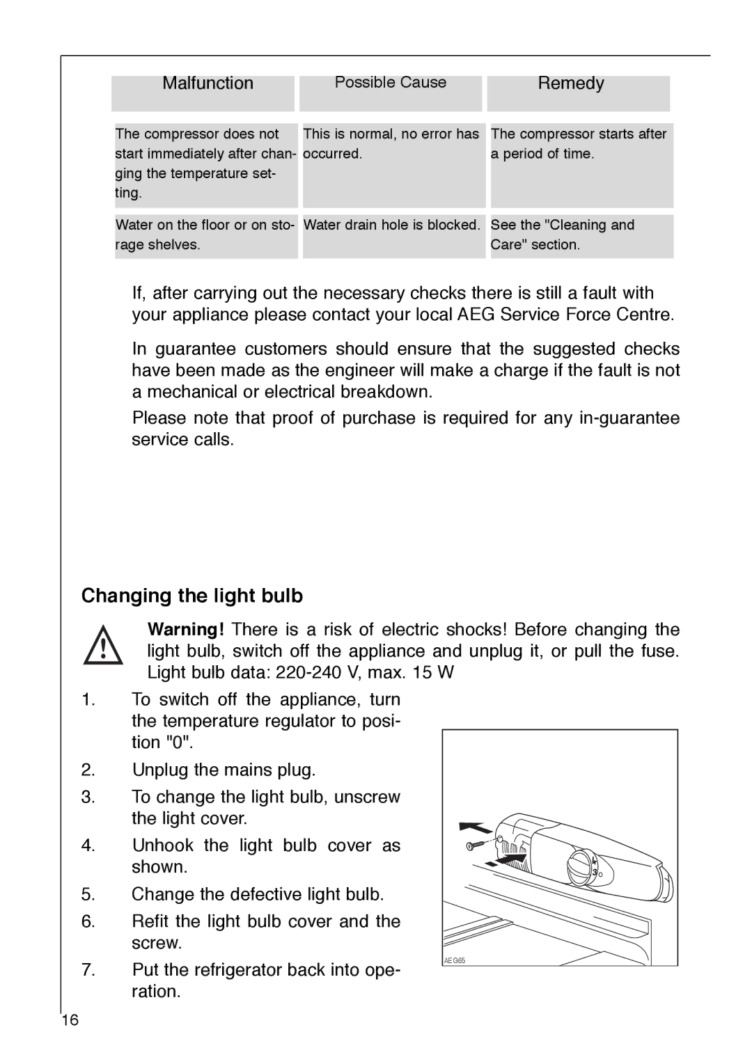 Electrolux SANTO 2842-6 i installation instructions Changing the light bulb 