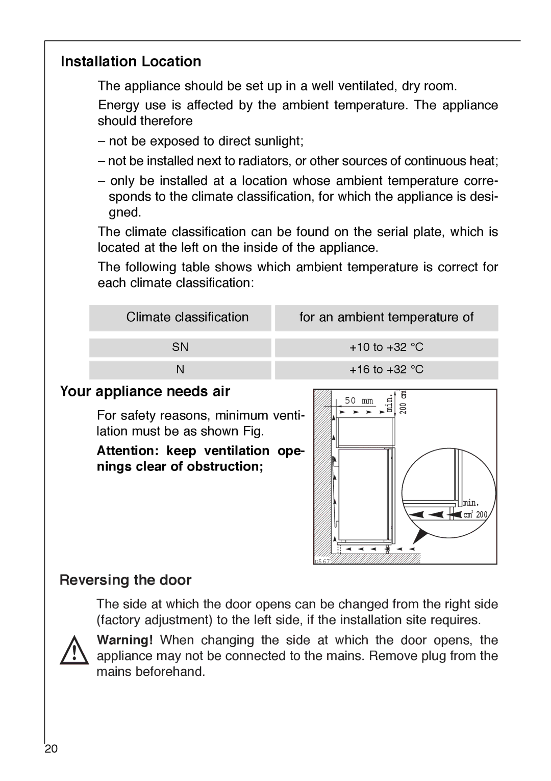 Electrolux SANTO 2842-6 i installation instructions Installation Location, Your appliance needs air, Reversing the door 