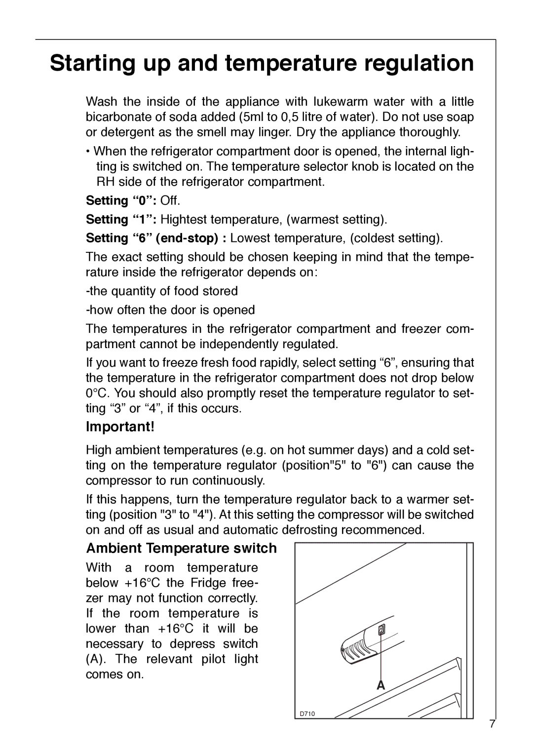 Electrolux SANTO 2842-6 i installation instructions Starting up and temperature regulation, Ambient Temperature switch 