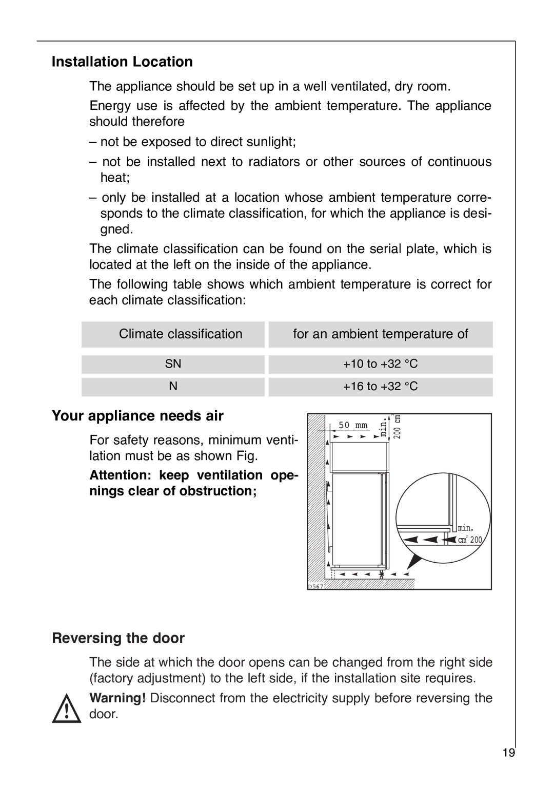 Electrolux Santo 2992-6 i installation instructions Installation Location, Your appliance needs air, Reversing the door 