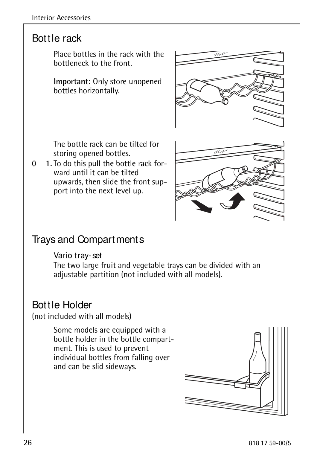 Electrolux SANTO 3150 operating instructions Bottle rack, Trays and Compartments, Bottle Holder, Vario tray-set 