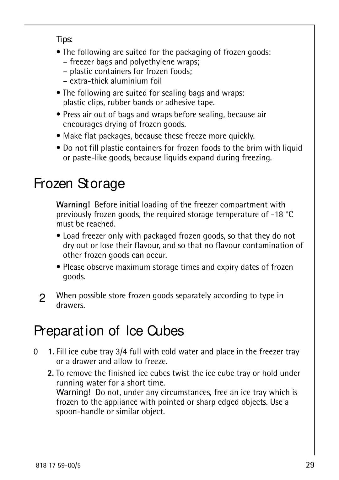 Electrolux SANTO 3150 operating instructions Frozen Storage, Preparation of Ice Cubes, Tips 