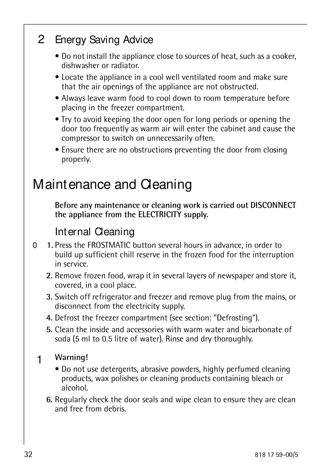 Electrolux SANTO 3150 operating instructions Maintenance and Cleaning, Energy Saving Advice, Internal Cleaning 