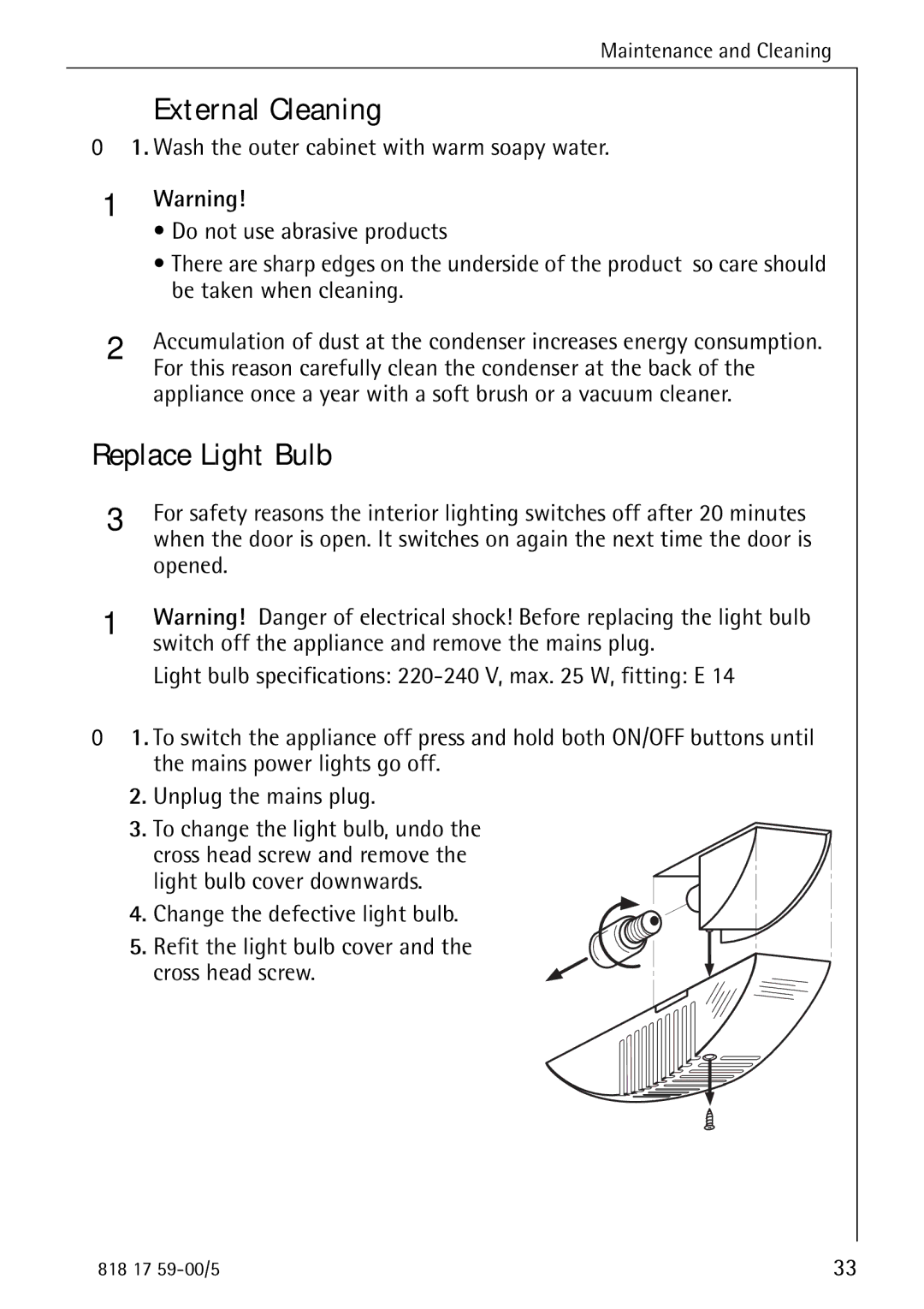 Electrolux SANTO 3150 operating instructions External Cleaning, Replace Light Bulb 