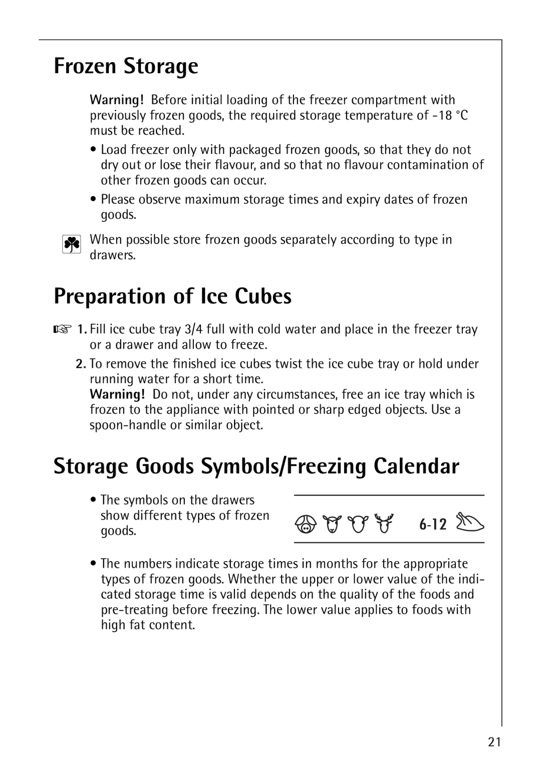 Electrolux SANTO 3151 manual Frozen Storage, Preparation of Ice Cubes, Storage Goods Symbols/Freezing Calendar 