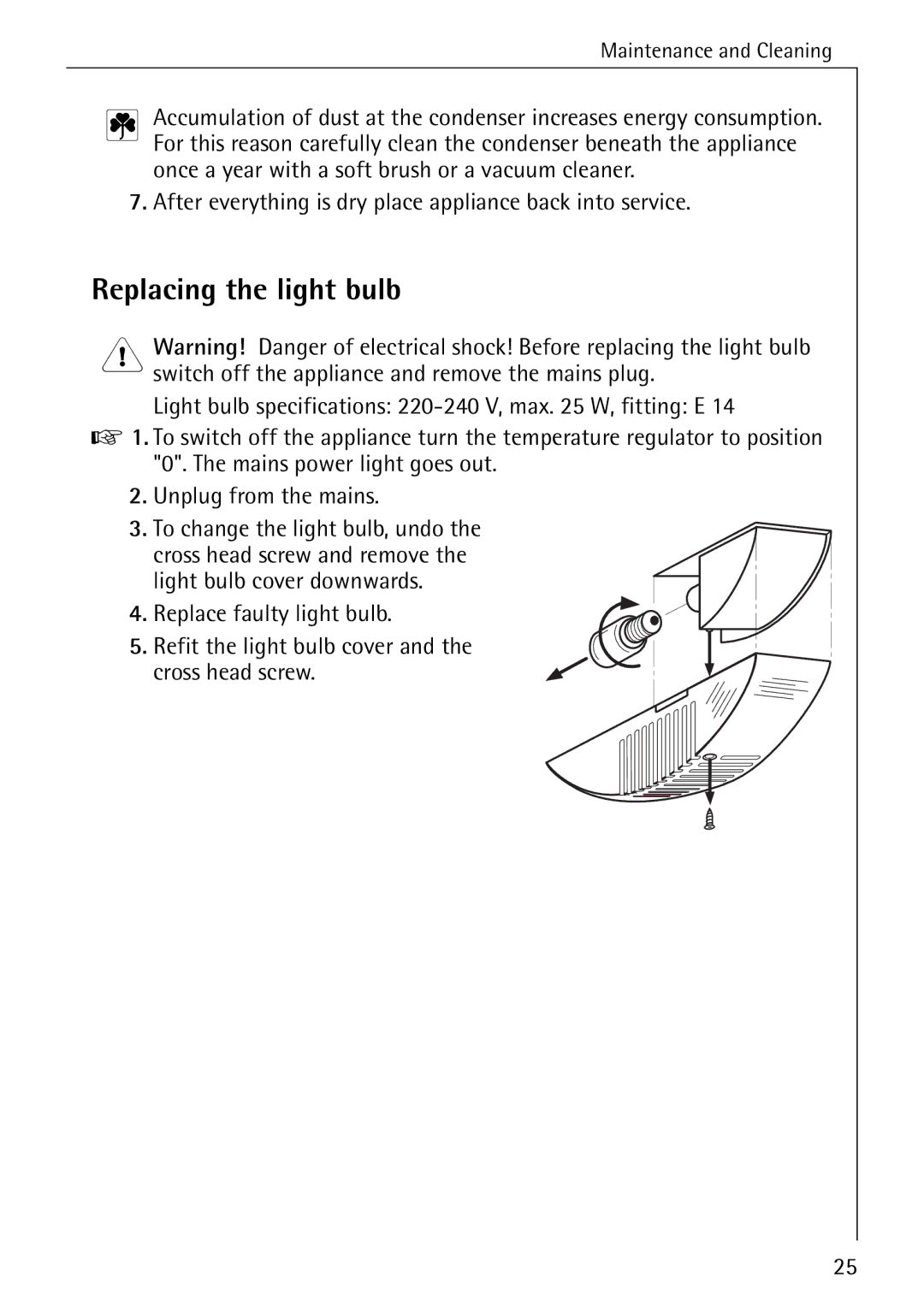 Electrolux SANTO 3151 manual Replacing the light bulb 