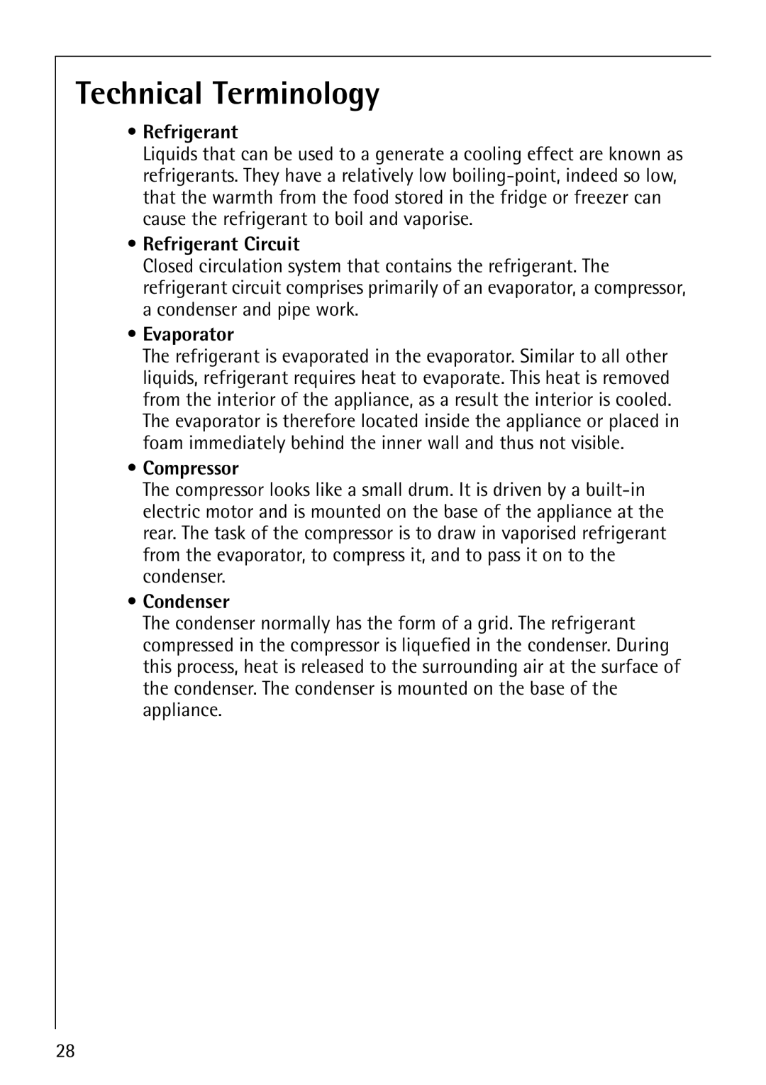 Electrolux SANTO 3151 manual Technical Terminology, Refrigerant Circuit, Evaporator, Compressor, Condenser 