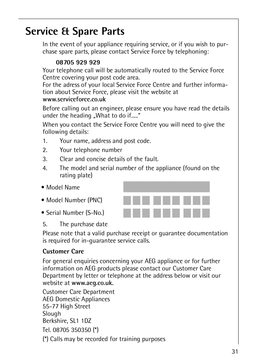 Electrolux SANTO 3151 manual Service & Spare Parts, 08705 929, Customer Care 