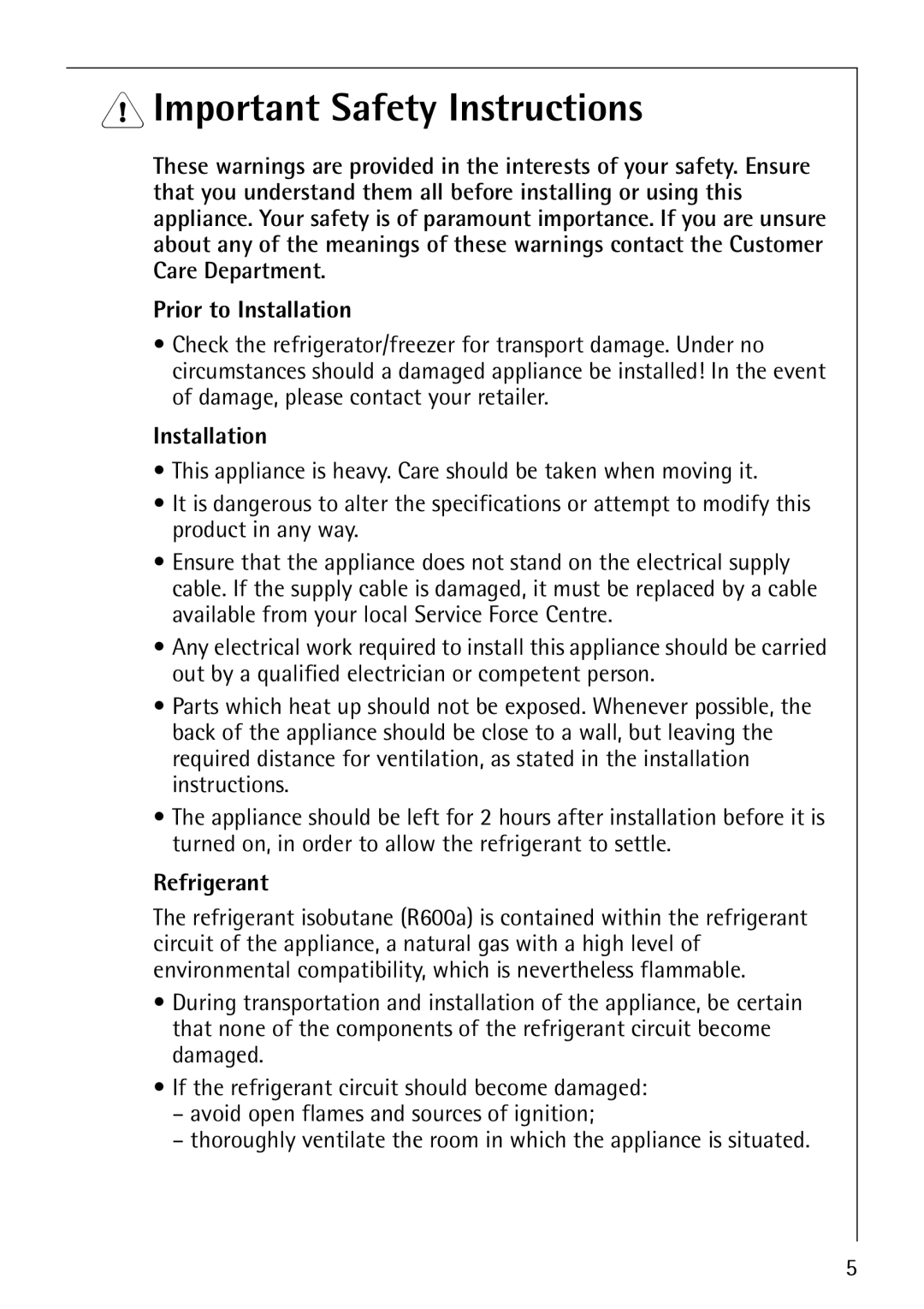 Electrolux SANTO 3151 manual Important Safety Instructions, Prior to Installation, Refrigerant 