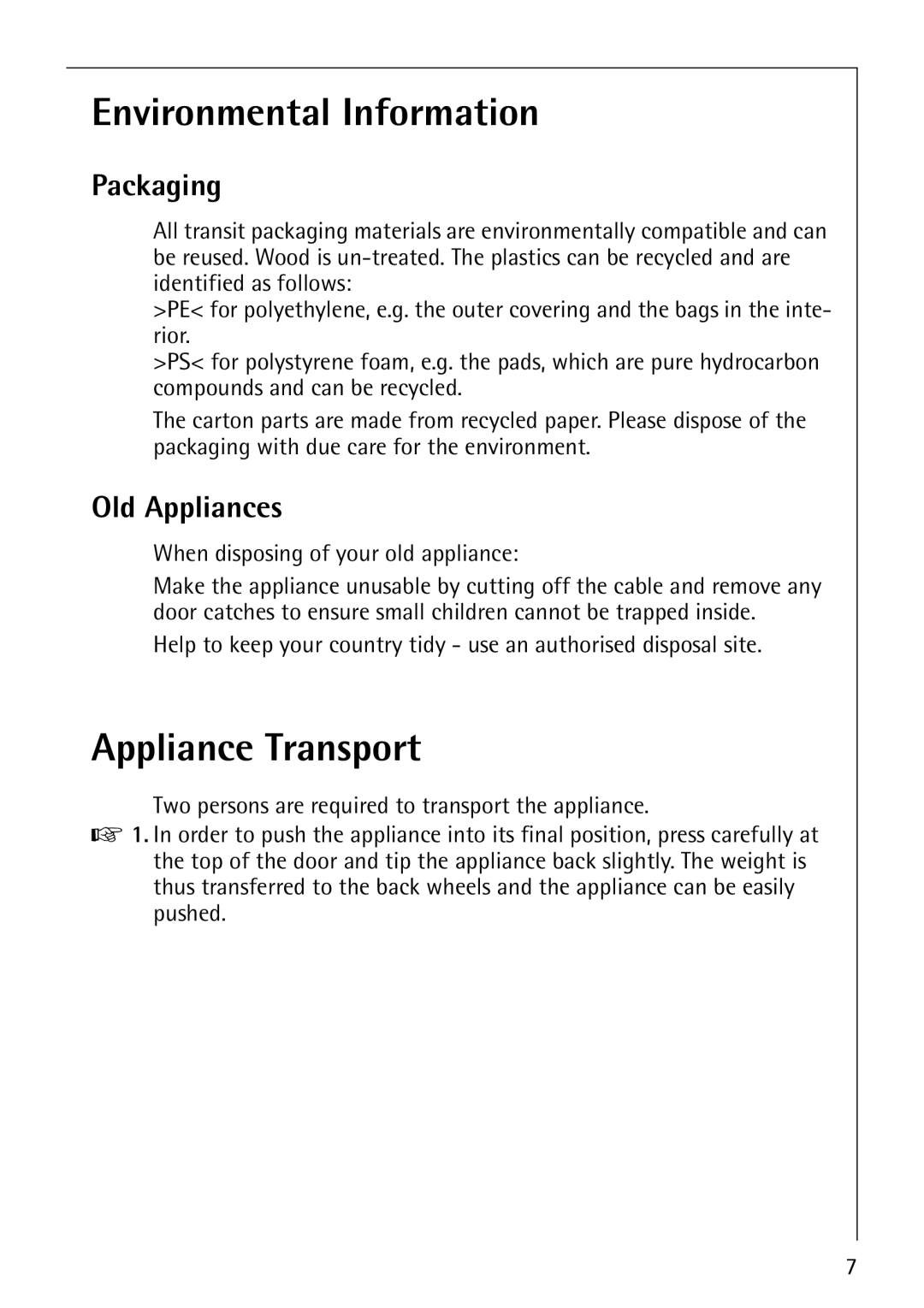 Electrolux SANTO 3151 manual Environmental Information, Appliance Transport, Packaging, Old Appliances 