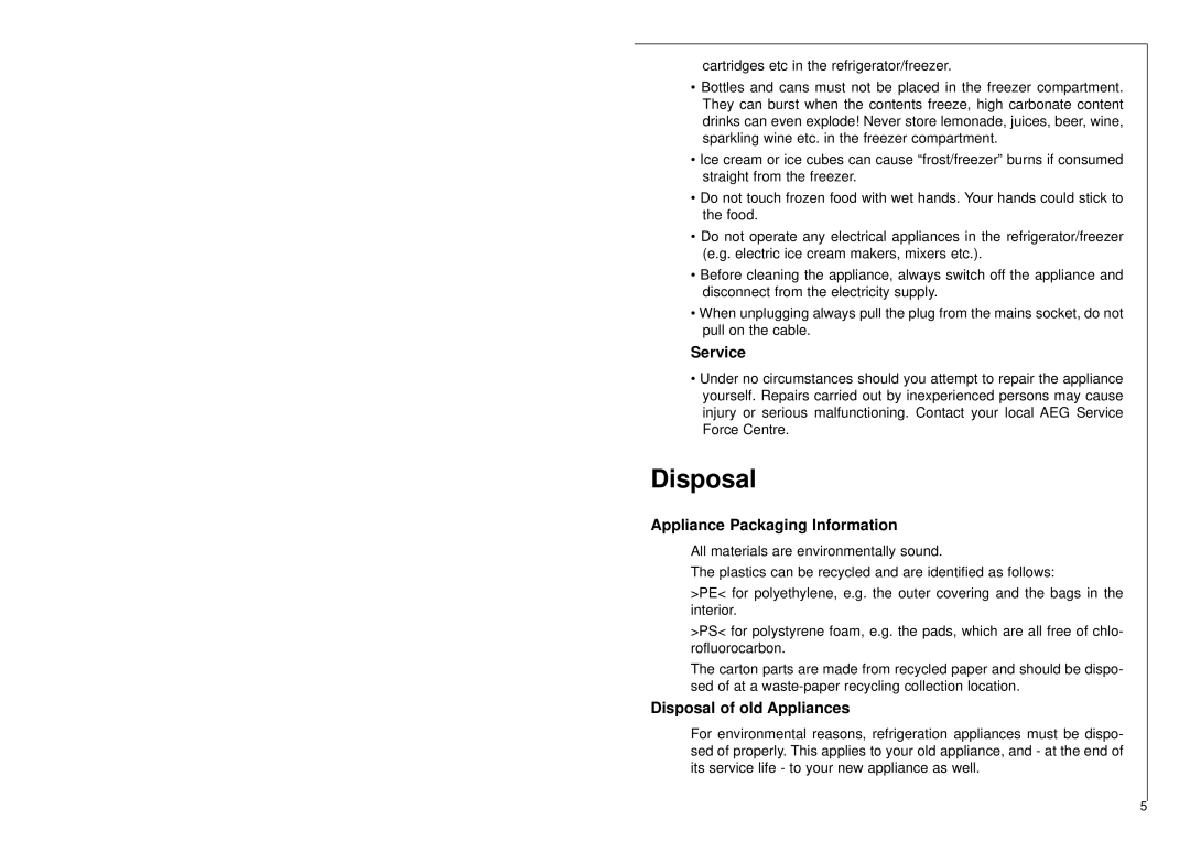 Electrolux SANTO 3244-4 i Service, Appliance Packaging Information, Disposal of old Appliances 