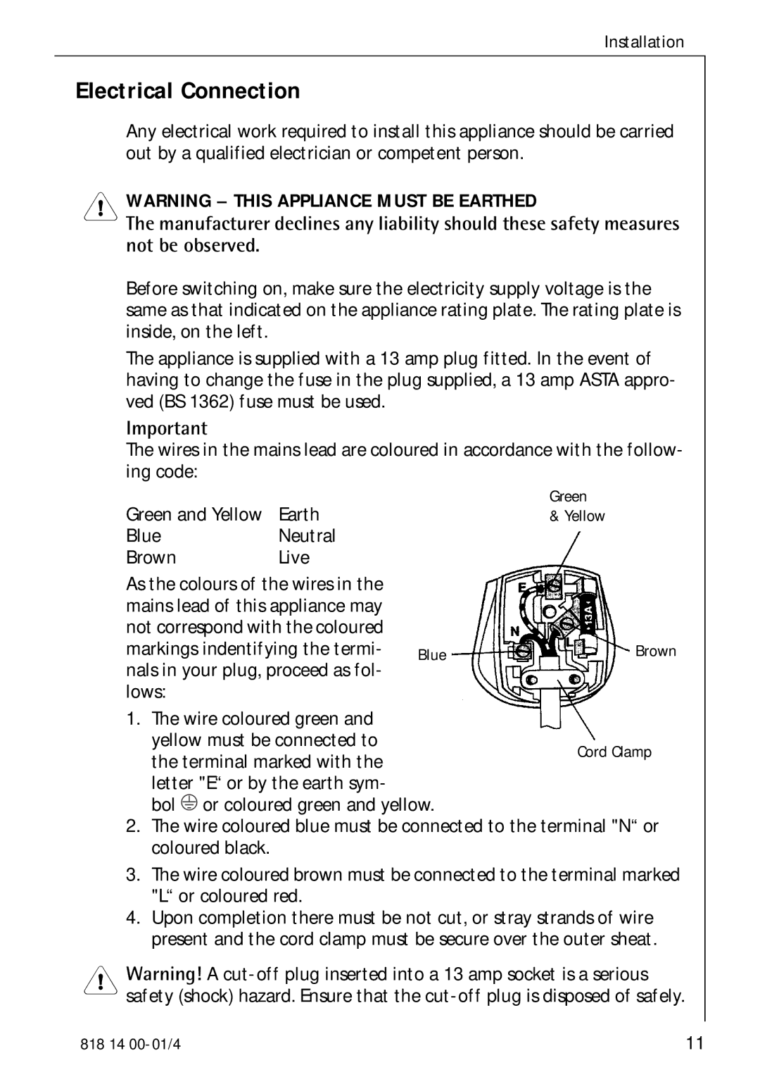 Electrolux SANTO 3274 manual Electrical Connection 