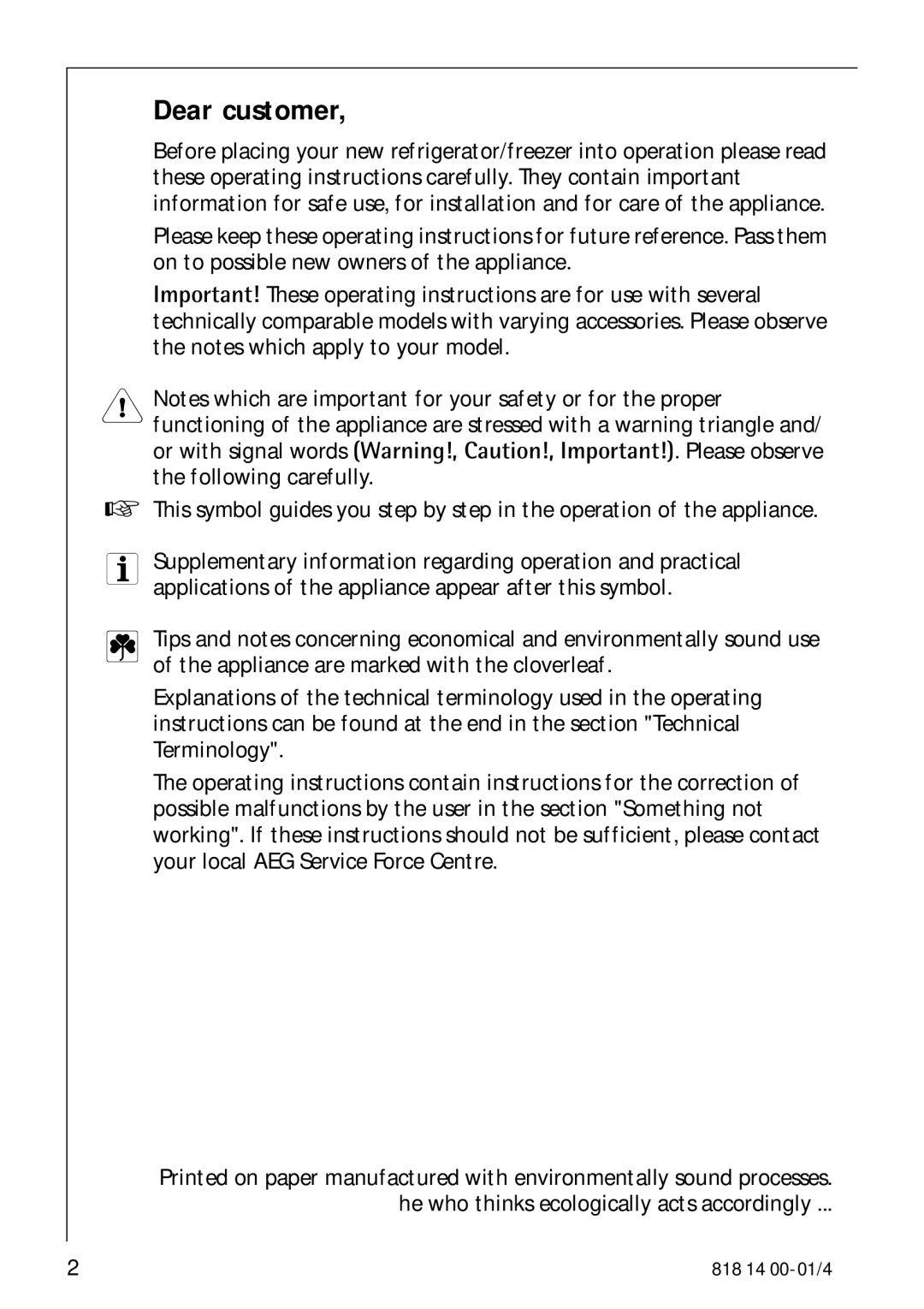 Electrolux SANTO 3274 manual Dear customer 