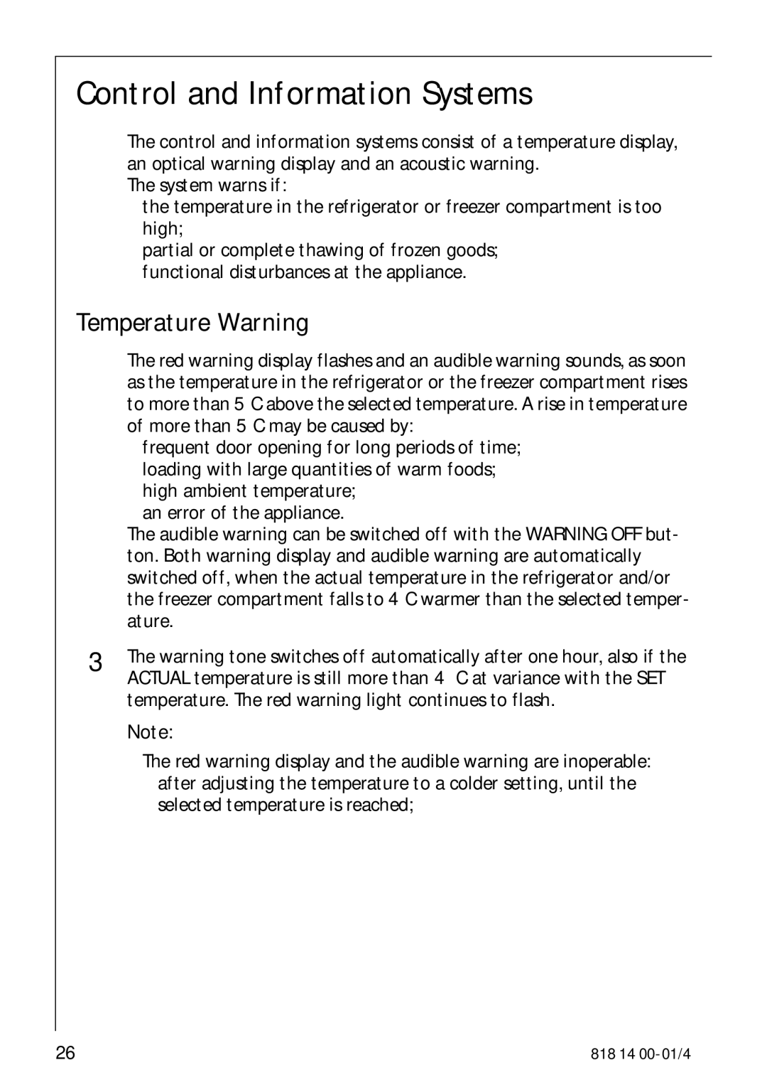 Electrolux SANTO 3274 manual Control and Information Systems, Temperature Warning 