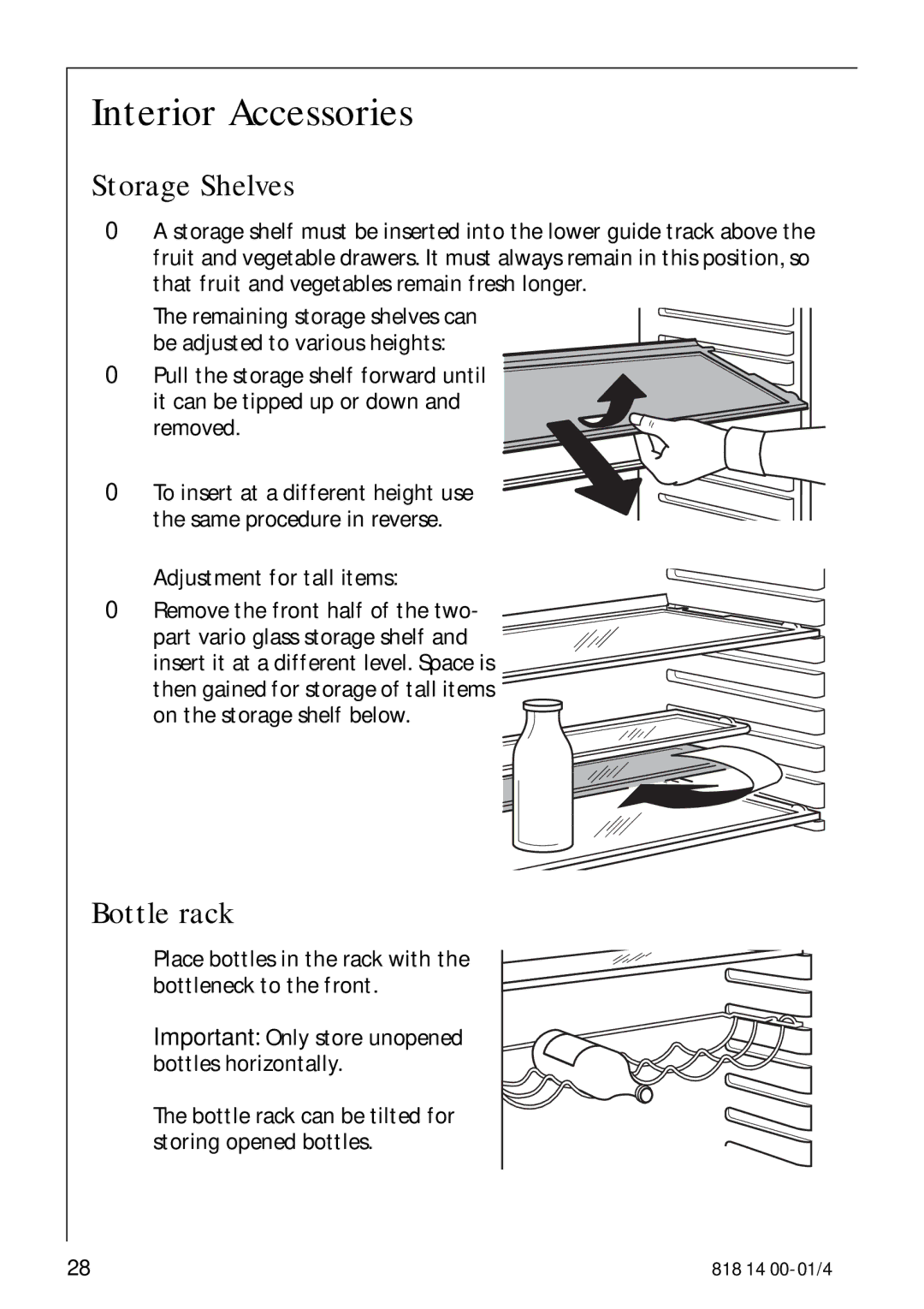Electrolux SANTO 3274 manual Interior Accessories, Storage Shelves, Bottle rack, Adjustment for tall items 