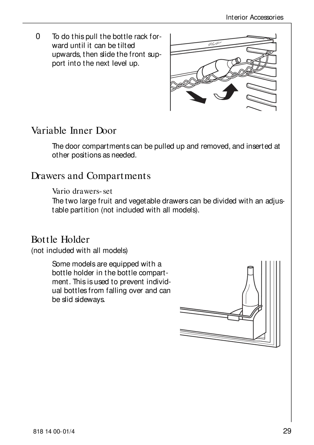 Electrolux SANTO 3274 manual Variable Inner Door, Drawers and Compartments, Bottle Holder, Vario drawers-set 