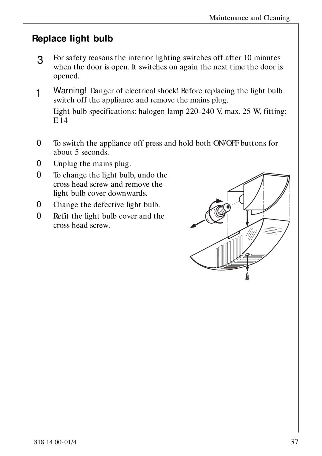 Electrolux SANTO 3274 manual Replace light bulb 