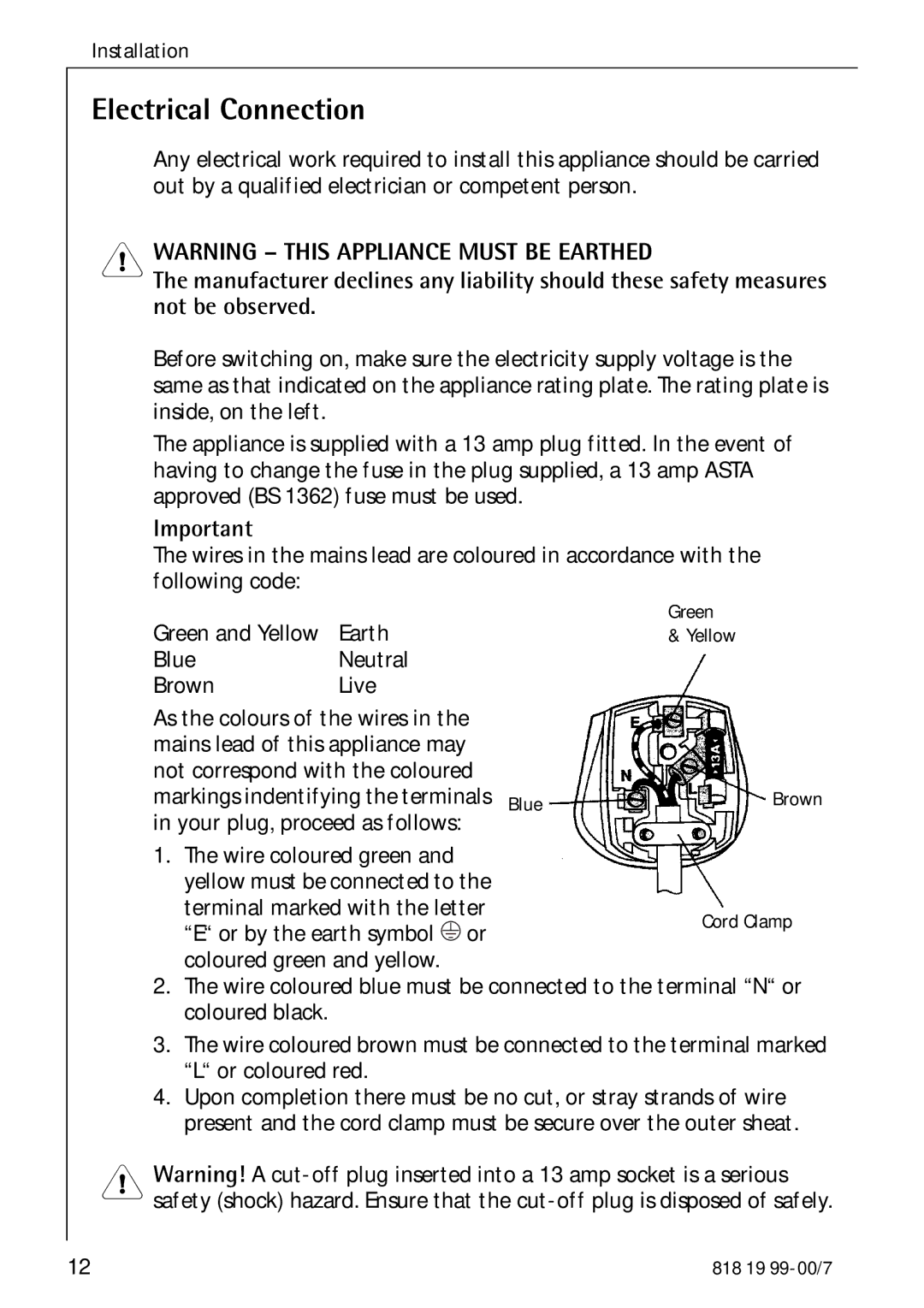 Electrolux SANTO 3350-7 KA manual Electrical Connection, Earth 