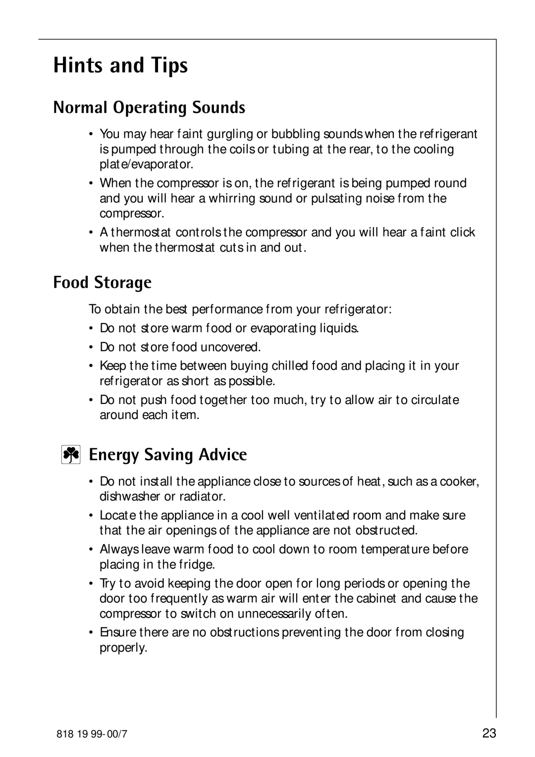 Electrolux SANTO 3350-7 KA manual Hints and Tips, Normal Operating Sounds, Food Storage, Energy Saving Advice 