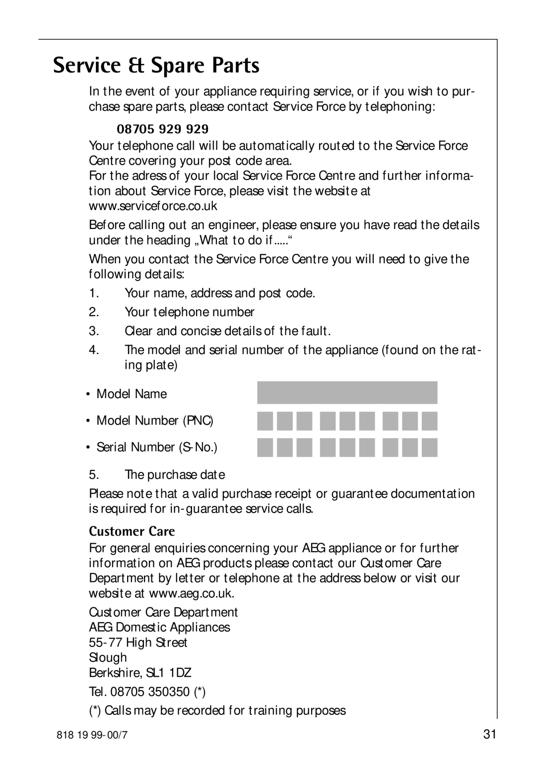 Electrolux SANTO 3350-7 KA manual Service & Spare Parts, Calls may be recorded for training purposes 