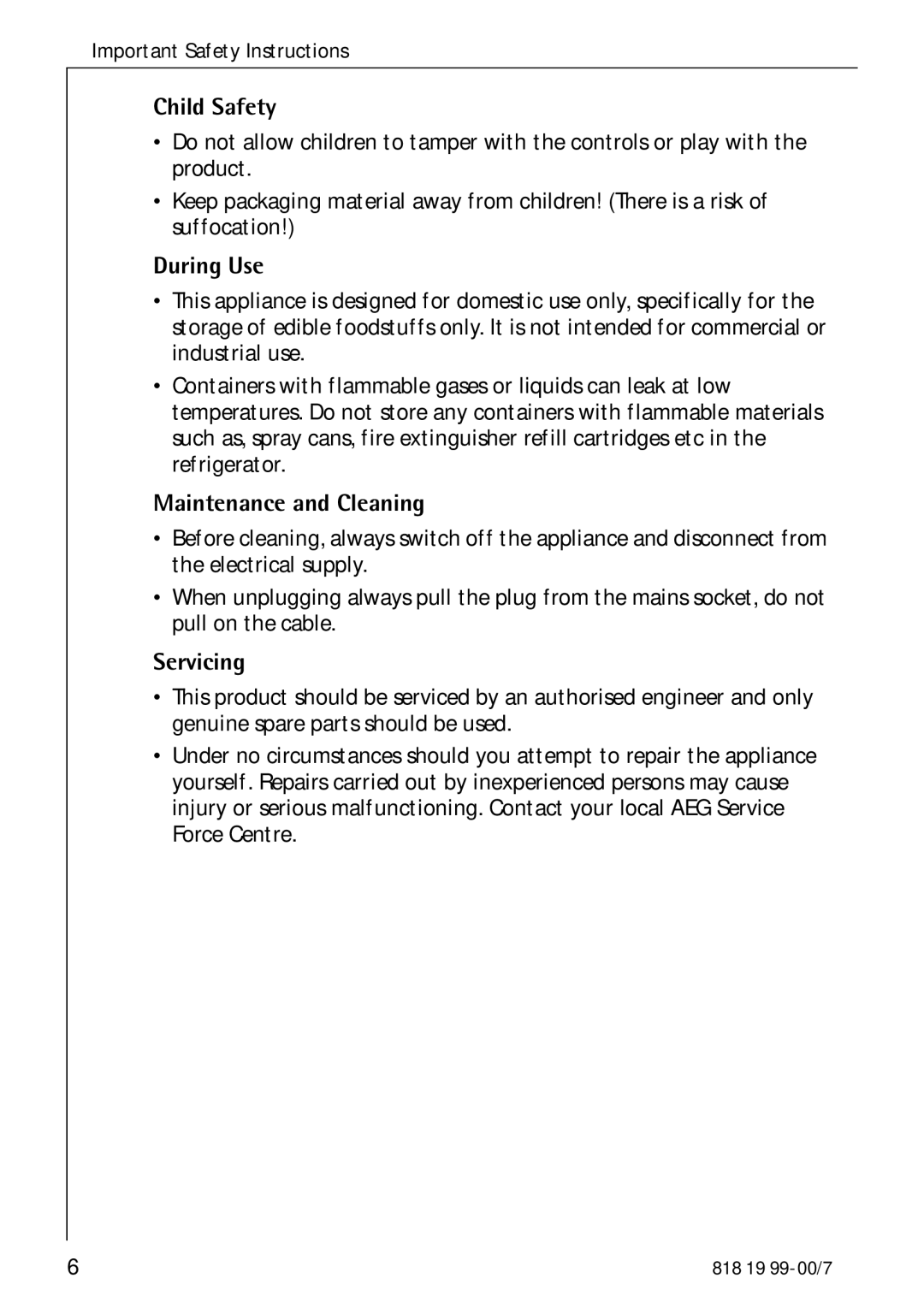 Electrolux SANTO 3350-7 KA manual Child Safety 