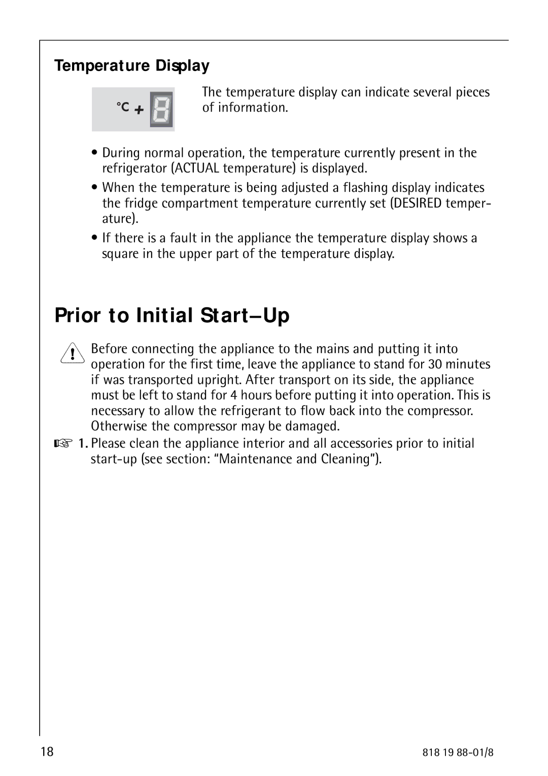 Electrolux SANTO 3675-6 KA manual Prior to Initial Start-Up, Temperature Display 