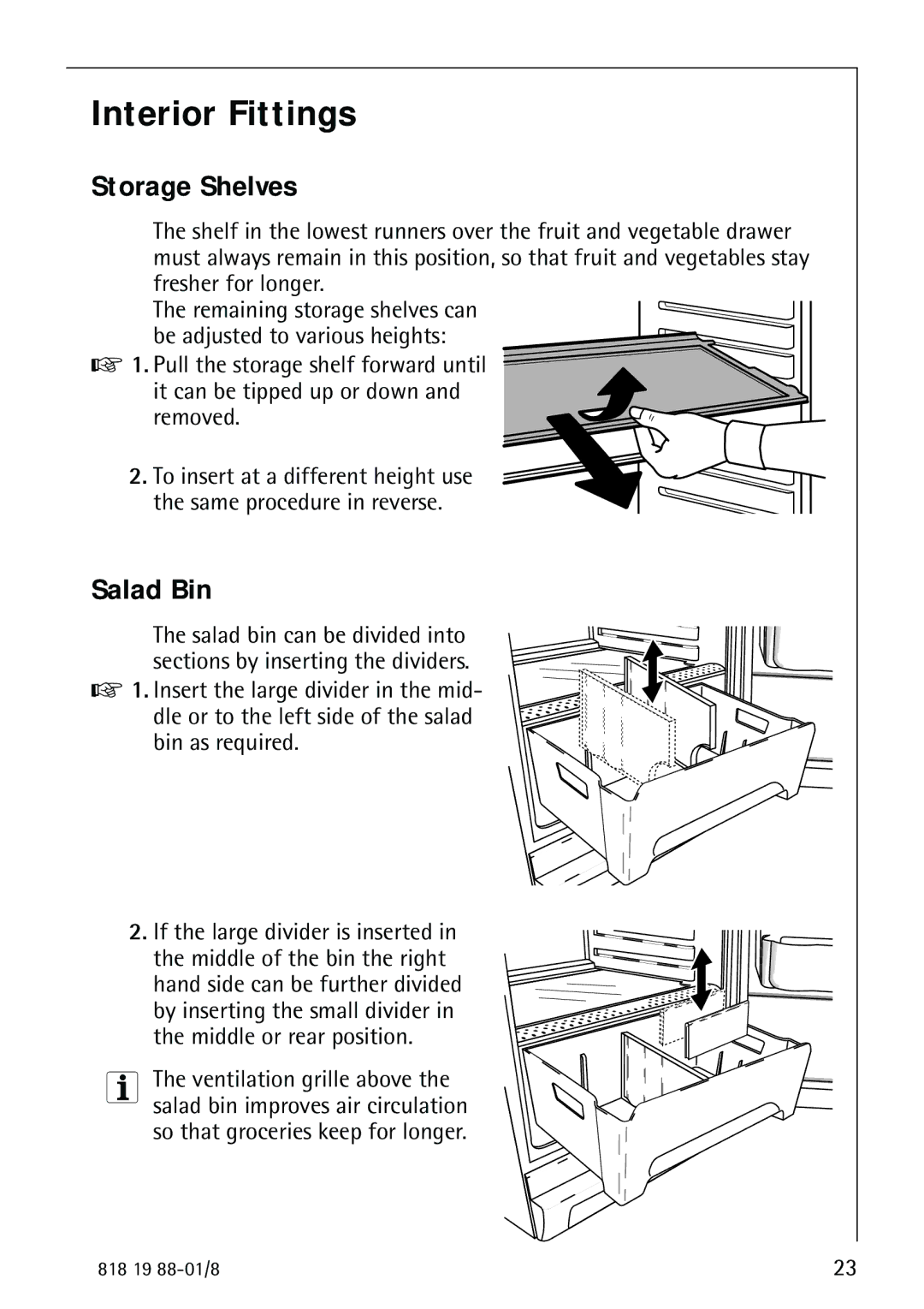 Electrolux SANTO 3675-6 KA manual Interior Fittings, Storage Shelves, Salad Bin 