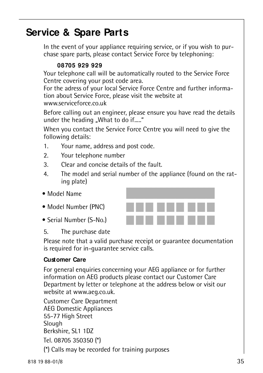 Electrolux SANTO 3675-6 KA manual Service & Spare Parts, Calls may be recorded for training purposes 