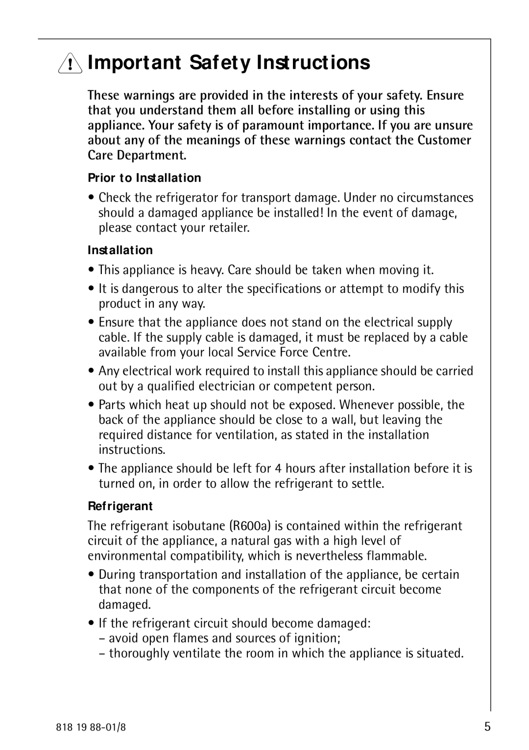 Electrolux SANTO 3675-6 KA manual Important Safety Instructions, Prior to Installation 