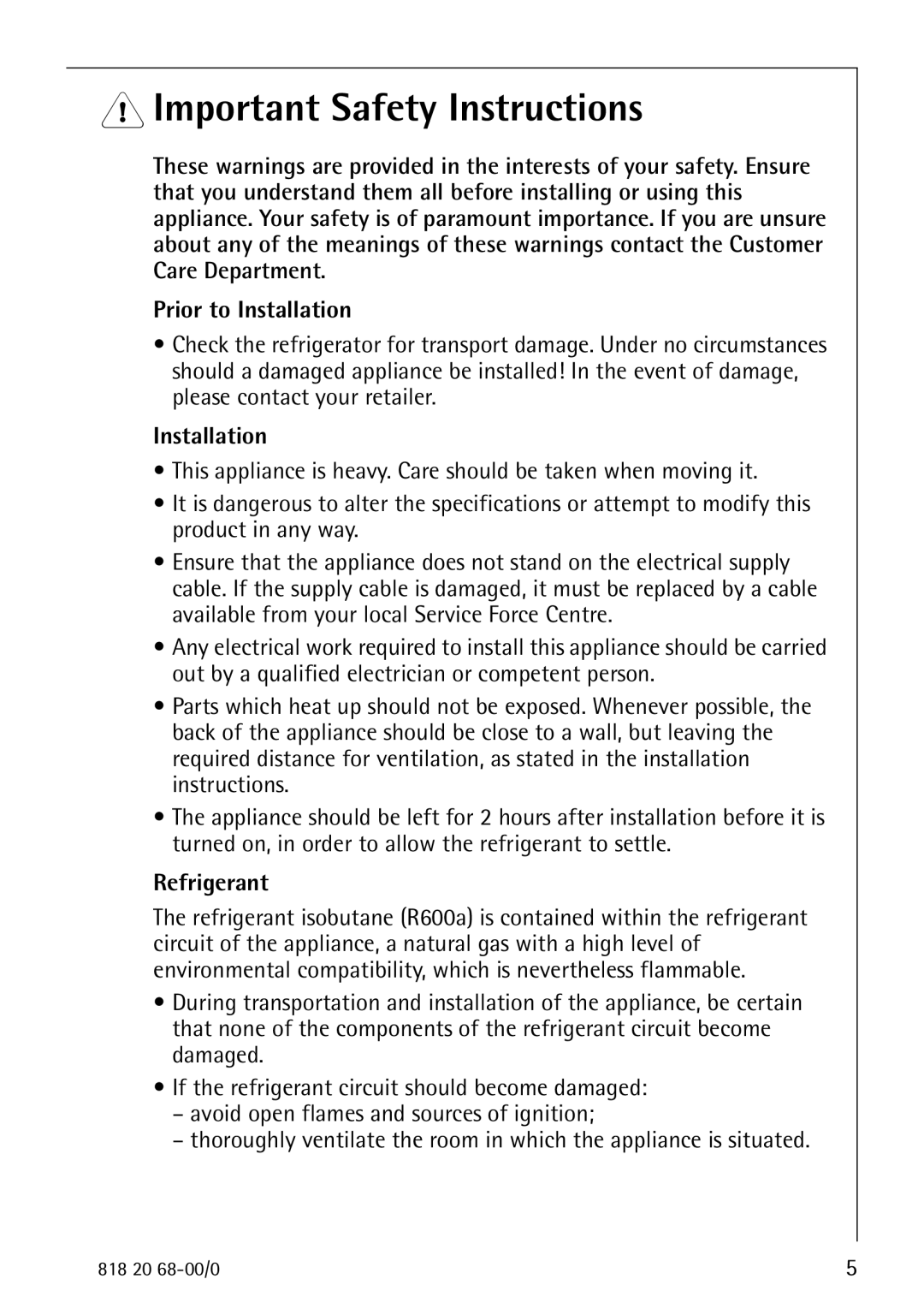 Electrolux SANTO 3678-6 KA manual Important Safety Instructions, Prior to Installation 