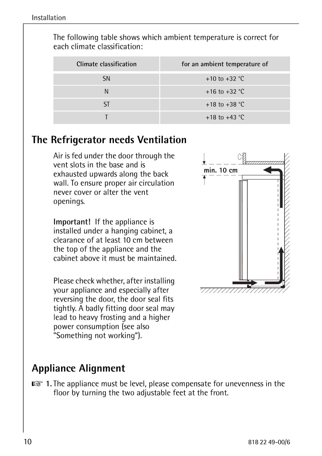 Electrolux SANTO 3778-8 KA manual Refrigerator needs Ventilation, Appliance Alignment 