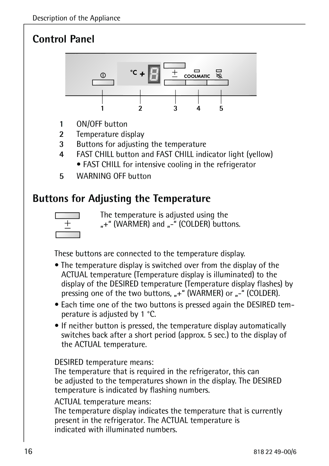 Electrolux SANTO 3778-8 KA manual Control Panel, Buttons for Adjusting the Temperature, Indicated with illuminated numbers 