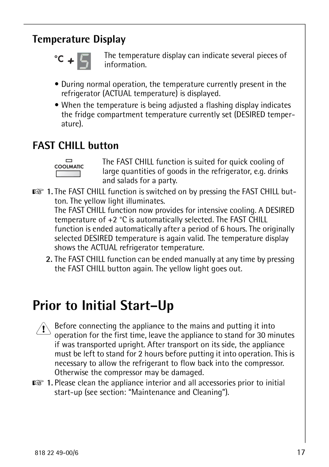 Electrolux SANTO 3778-8 KA manual Prior to Initial Start-Up, Temperature Display, Fast Chill button 