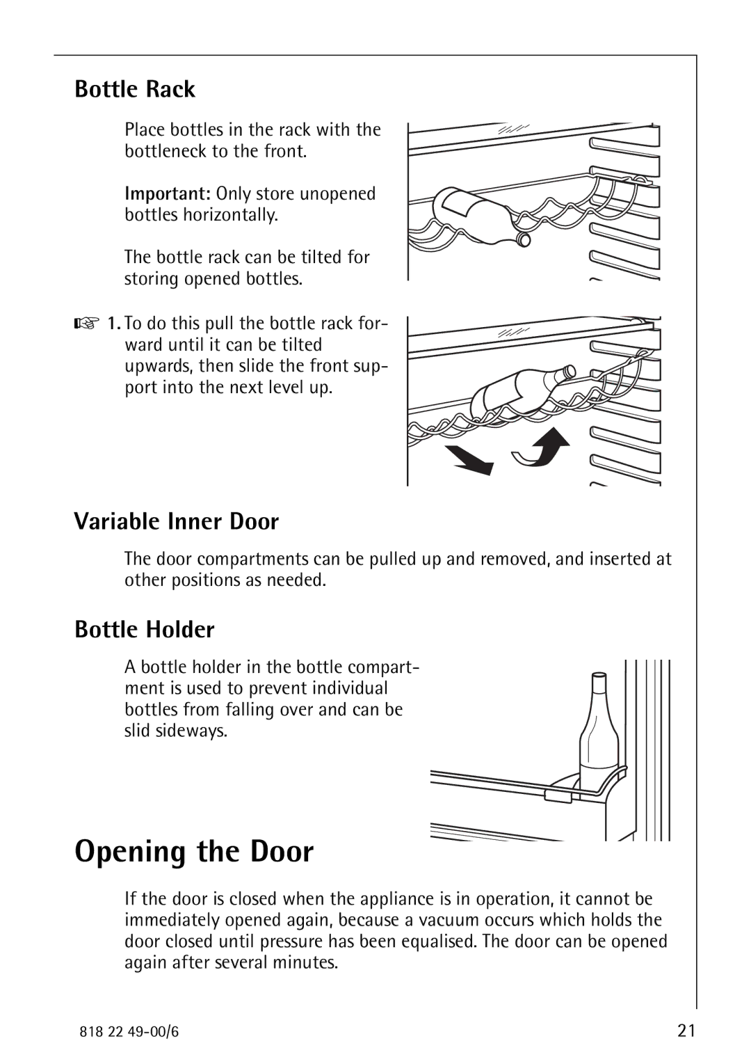 Electrolux SANTO 3778-8 KA manual Opening the Door, Bottle Rack, Variable Inner Door, Bottle Holder 