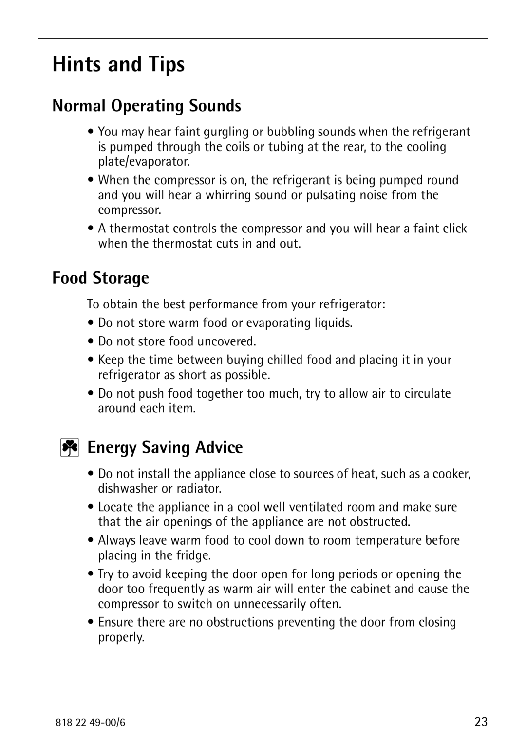 Electrolux SANTO 3778-8 KA manual Hints and Tips, Normal Operating Sounds, Food Storage, Energy Saving Advice 