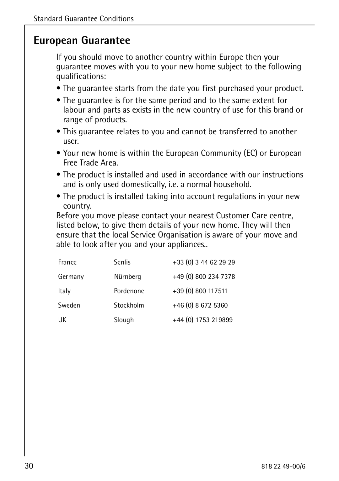 Electrolux SANTO 3778-8 KA manual European Guarantee 