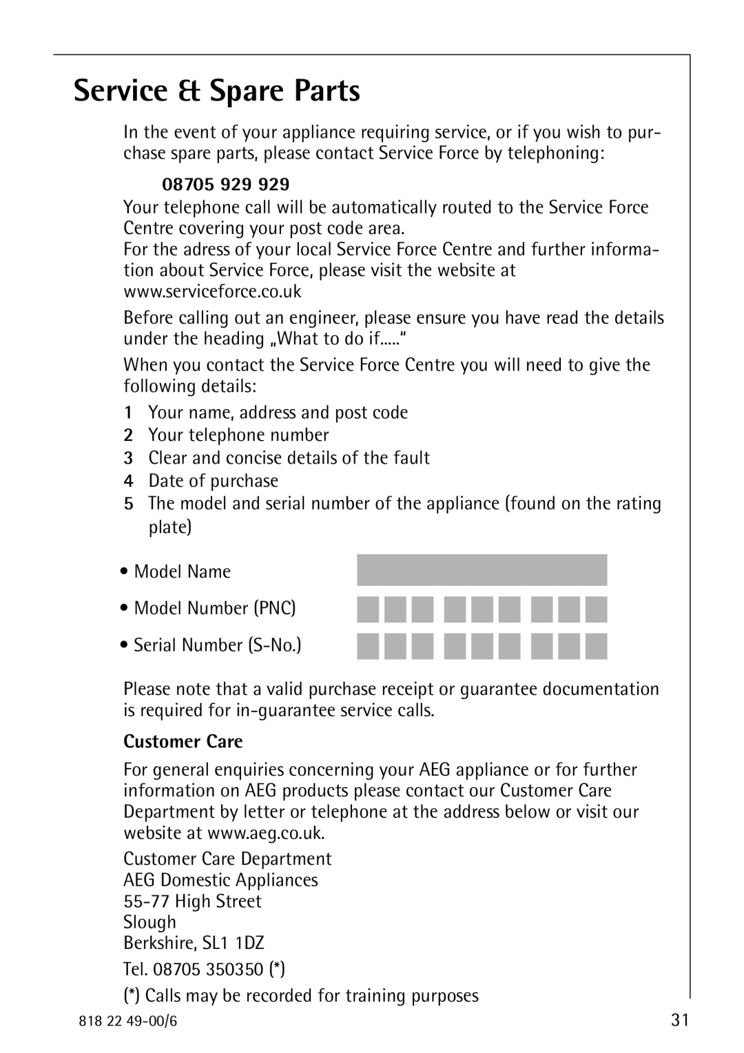 Electrolux SANTO 3778-8 KA Service & Spare Parts, 08705 929, Customer Care, Calls may be recorded for training purposes 