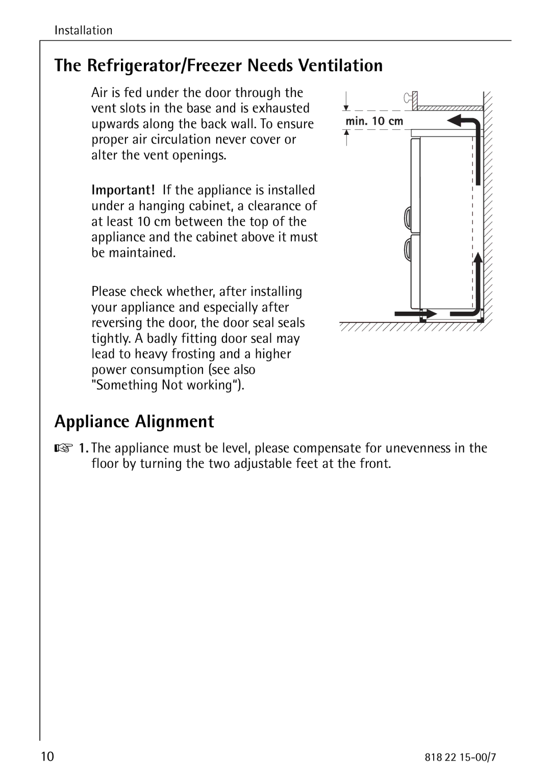 Electrolux SANTO 3843 manual Refrigerator/Freezer Needs Ventilation, Appliance Alignment 