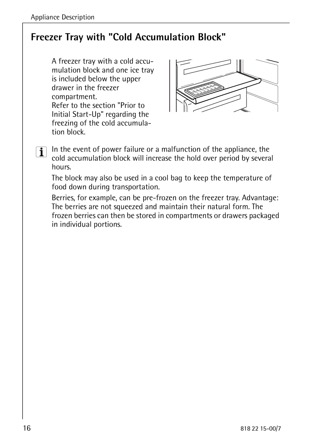 Electrolux SANTO 3843 manual Freezer Tray with Cold Accumulation Block 