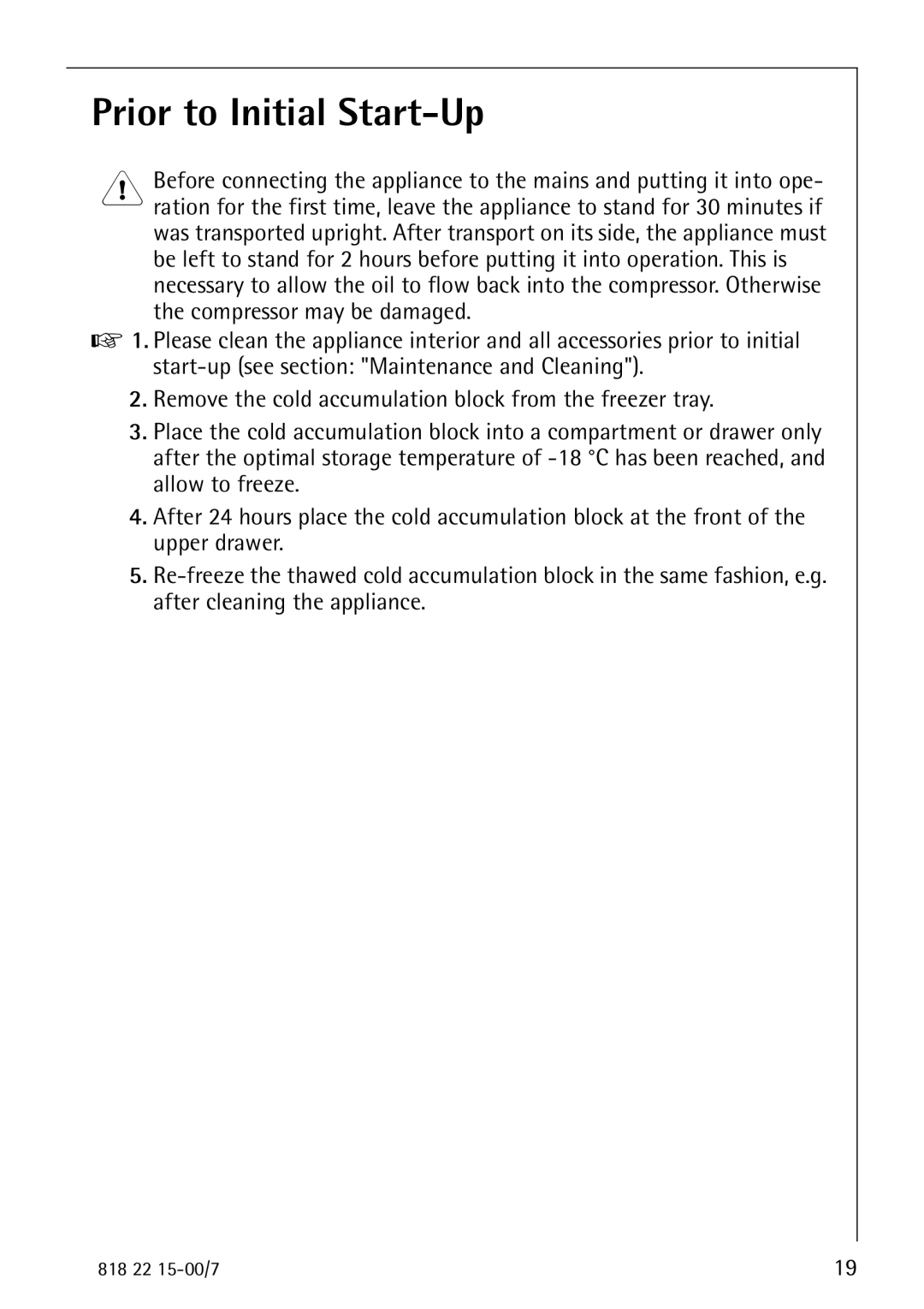 Electrolux SANTO 3843 manual Prior to Initial Start-Up 