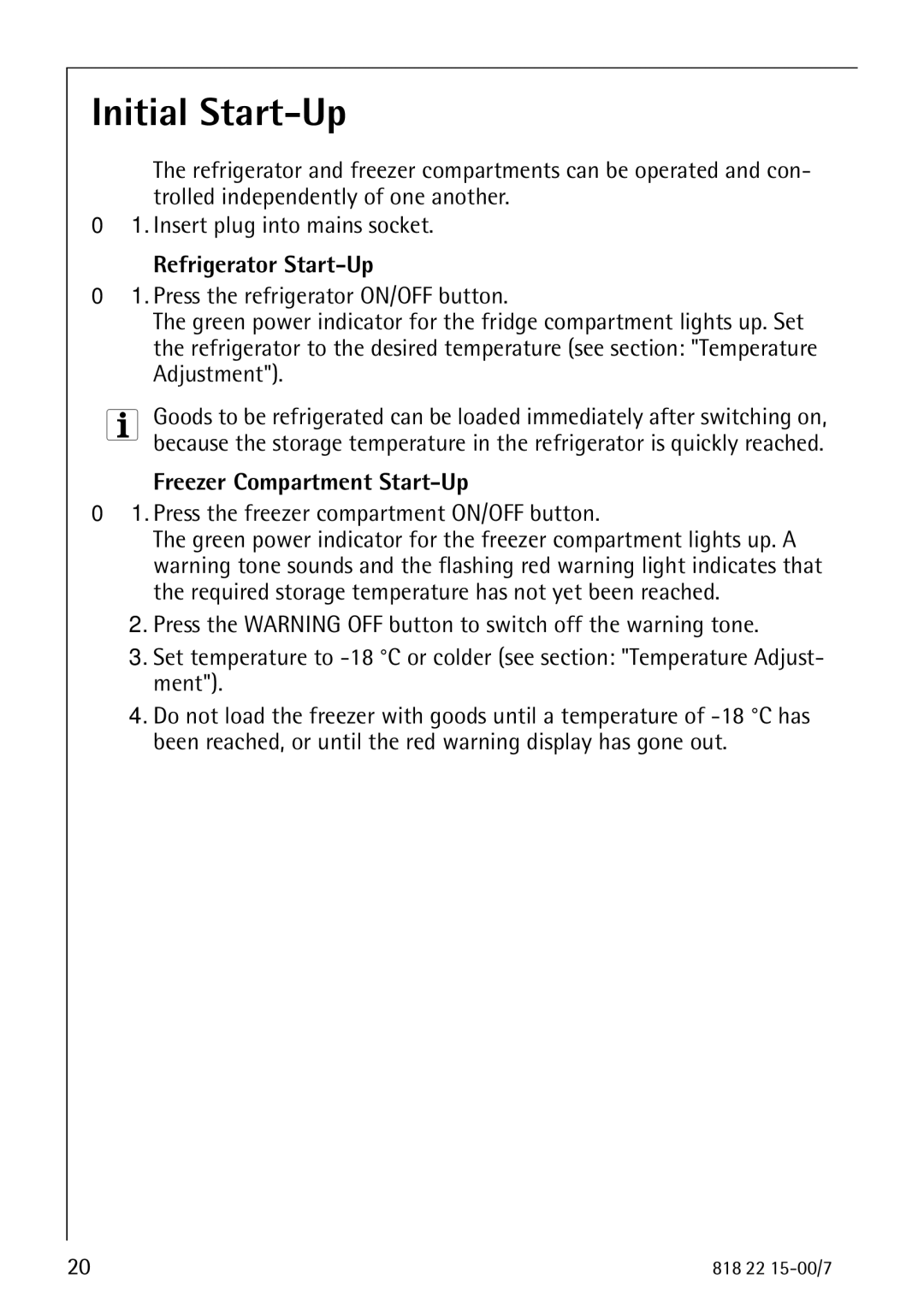 Electrolux SANTO 3843 manual Initial Start-Up, Refrigerator Start-Up, Freezer Compartment Start-Up 