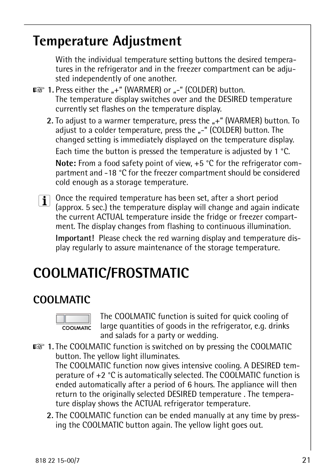 Electrolux SANTO 3843 manual Temperature Adjustment, Coolmatic/Frostmatic 