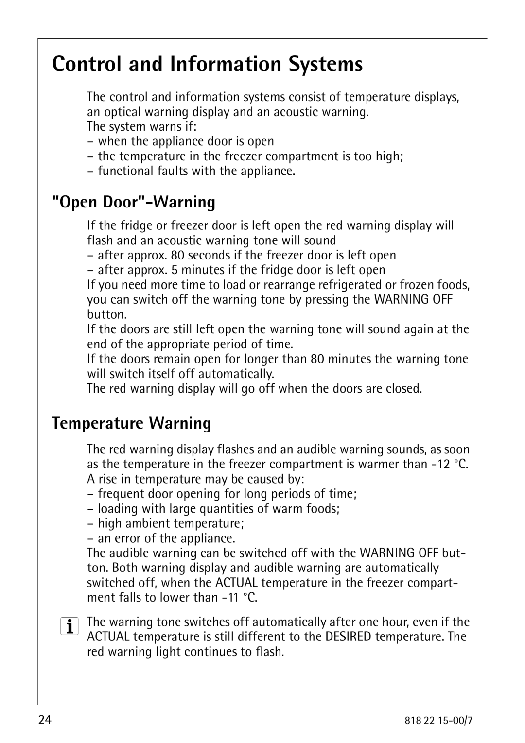 Electrolux SANTO 3843 manual Control and Information Systems, Open Door-Warning, Temperature Warning 