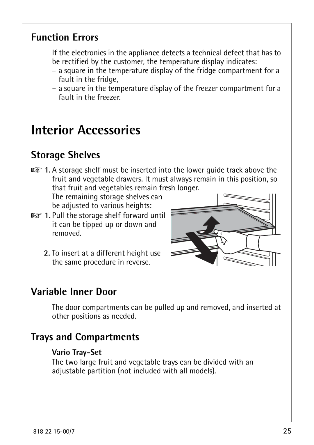 Electrolux SANTO 3843 Interior Accessories, Function Errors, Storage Shelves, Variable Inner Door, Trays and Compartments 