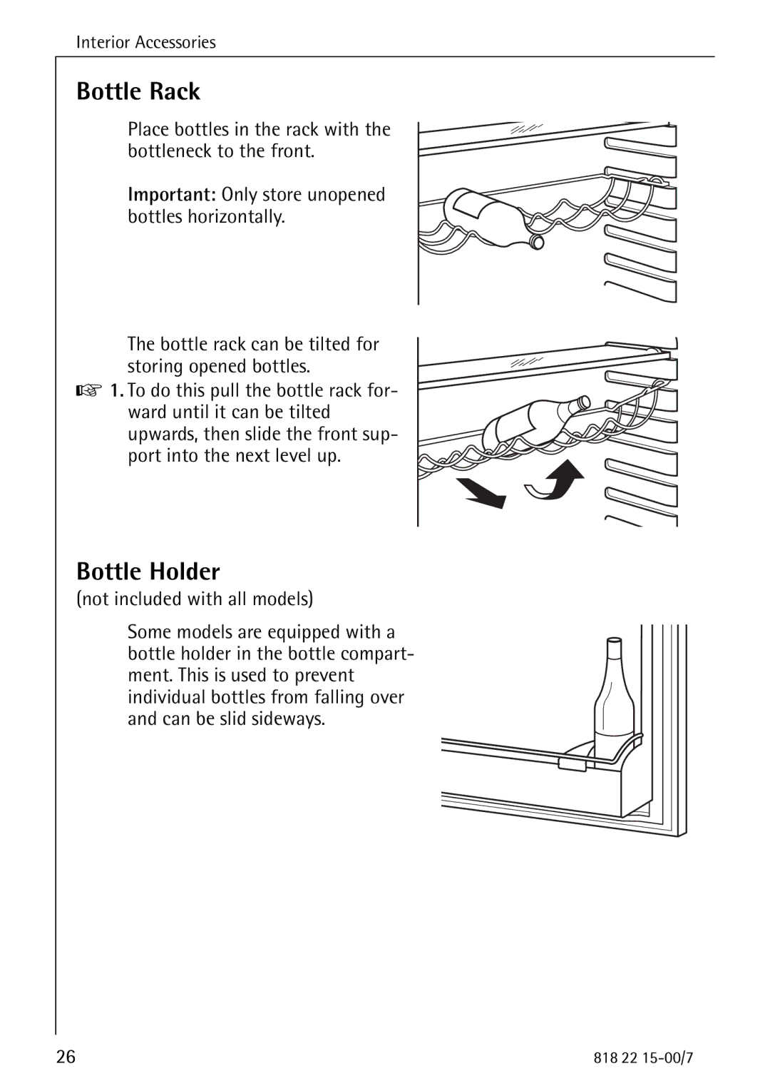 Electrolux SANTO 3843 manual Bottle Rack, Bottle Holder, Not included with all models 