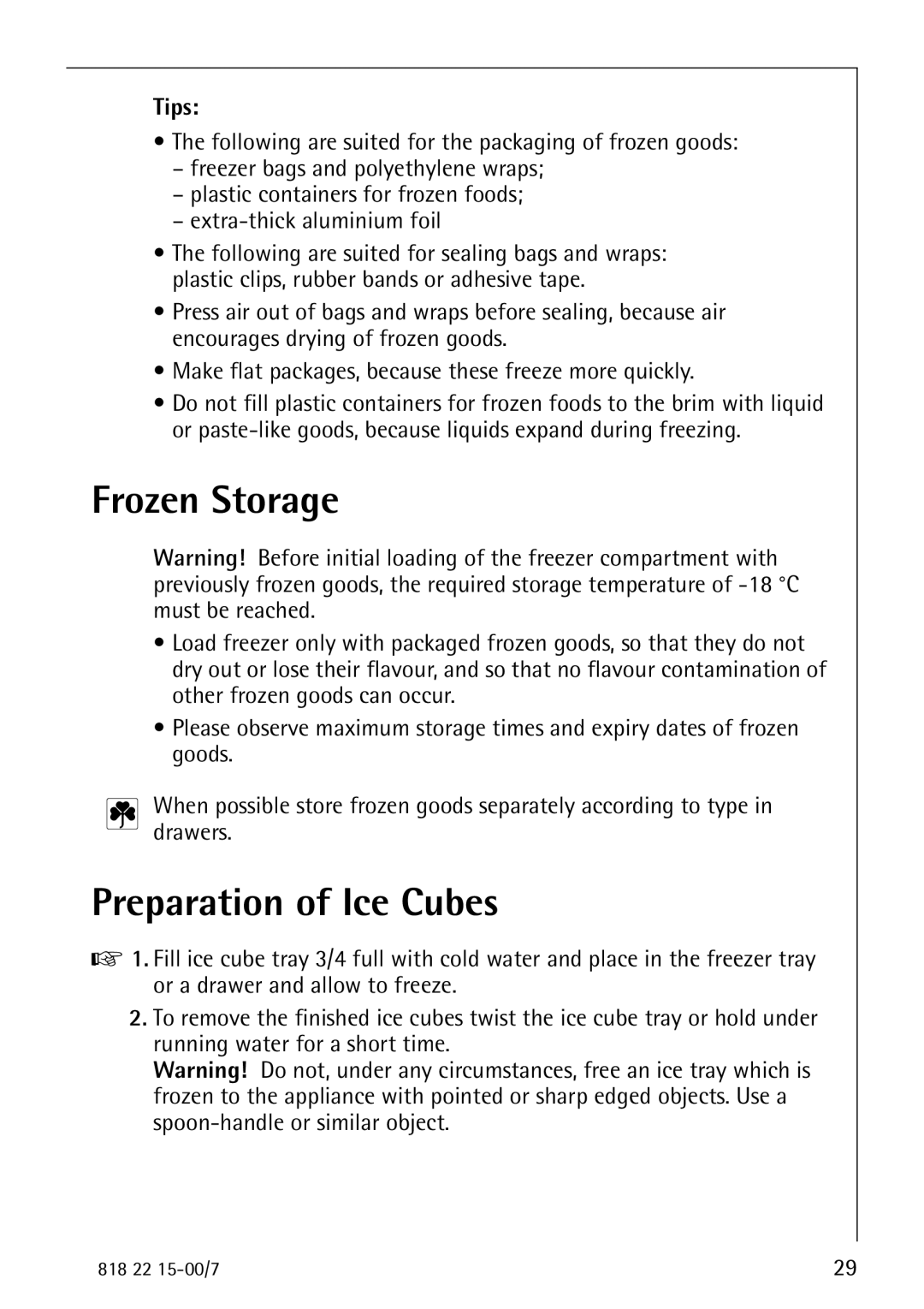 Electrolux SANTO 3843 manual Frozen Storage, Preparation of Ice Cubes, Tips 