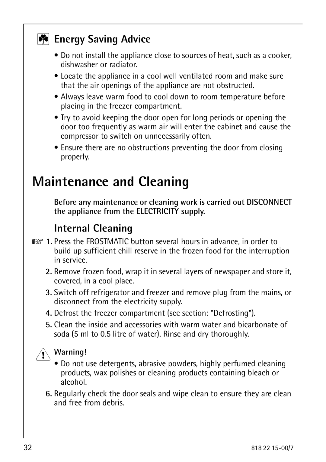 Electrolux SANTO 3843 manual Maintenance and Cleaning, Energy Saving Advice, Internal Cleaning 