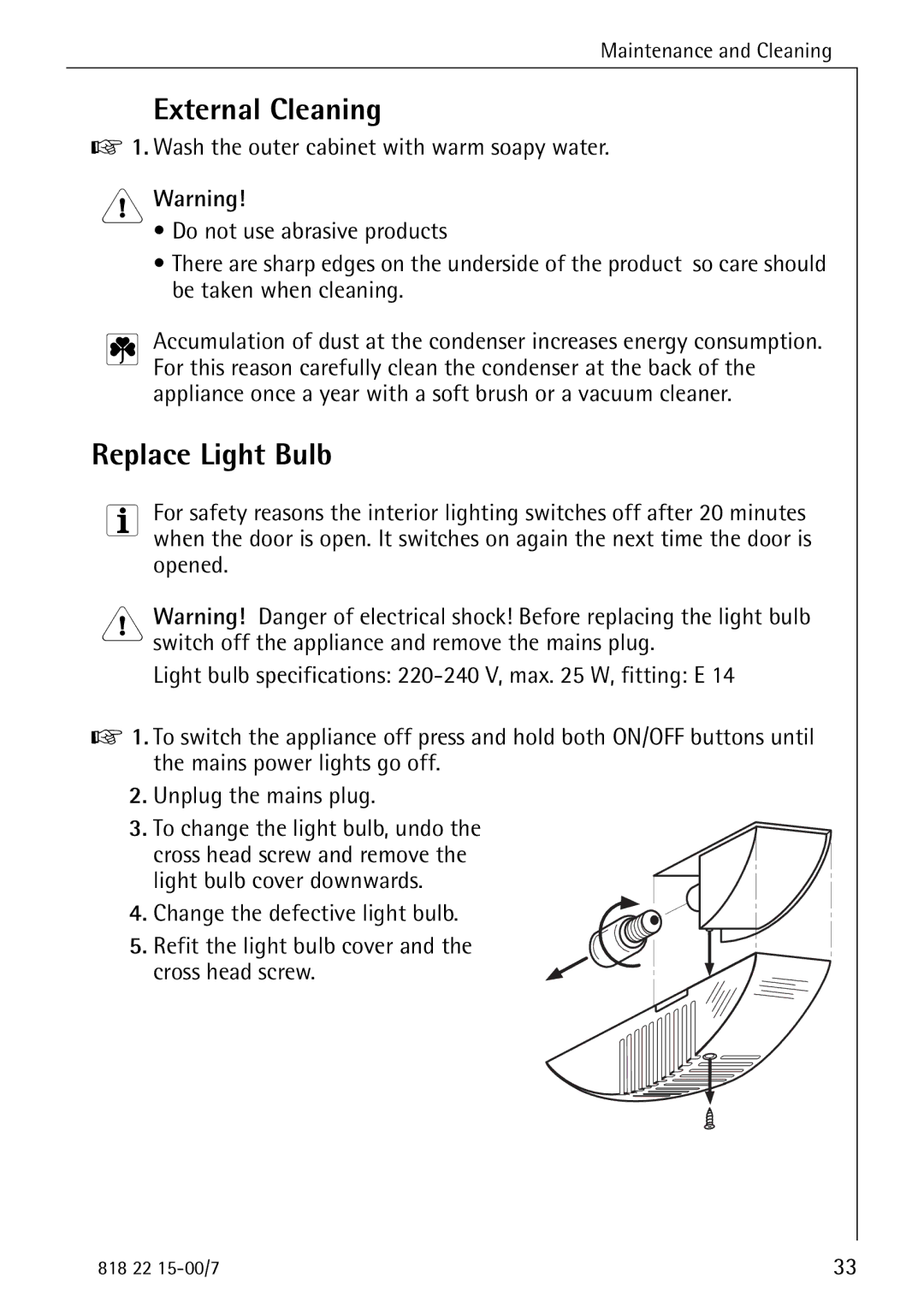 Electrolux SANTO 3843 manual External Cleaning, Replace Light Bulb 